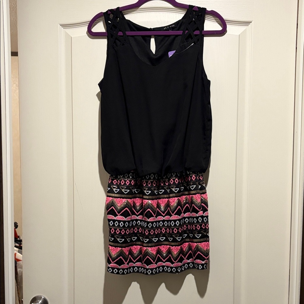 As U Wish Black Top with Pink Patterned Mini Dress